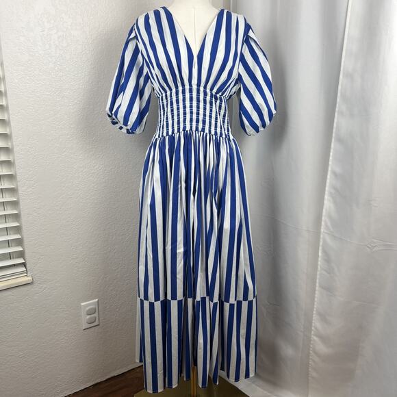 AYR Maxi Dress Womens Medium Blue Striped Puff Sleeve Resort Nautical Coastal - Picture 1 of 15